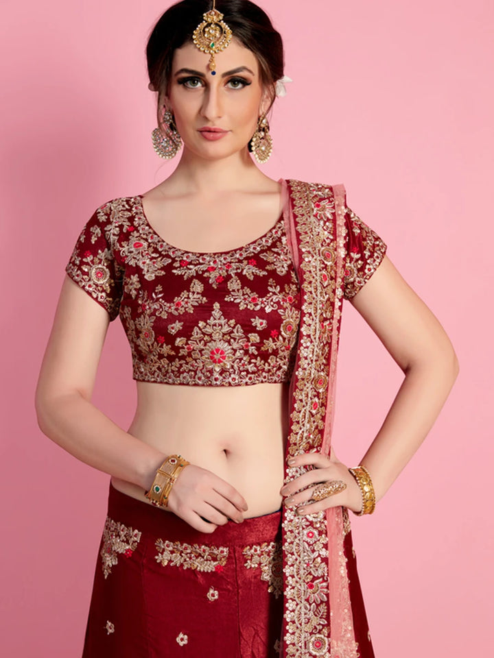 Regal Maroon Bridal Lehenga | Velvet Silk Outfit Wedding Wear Party Ready