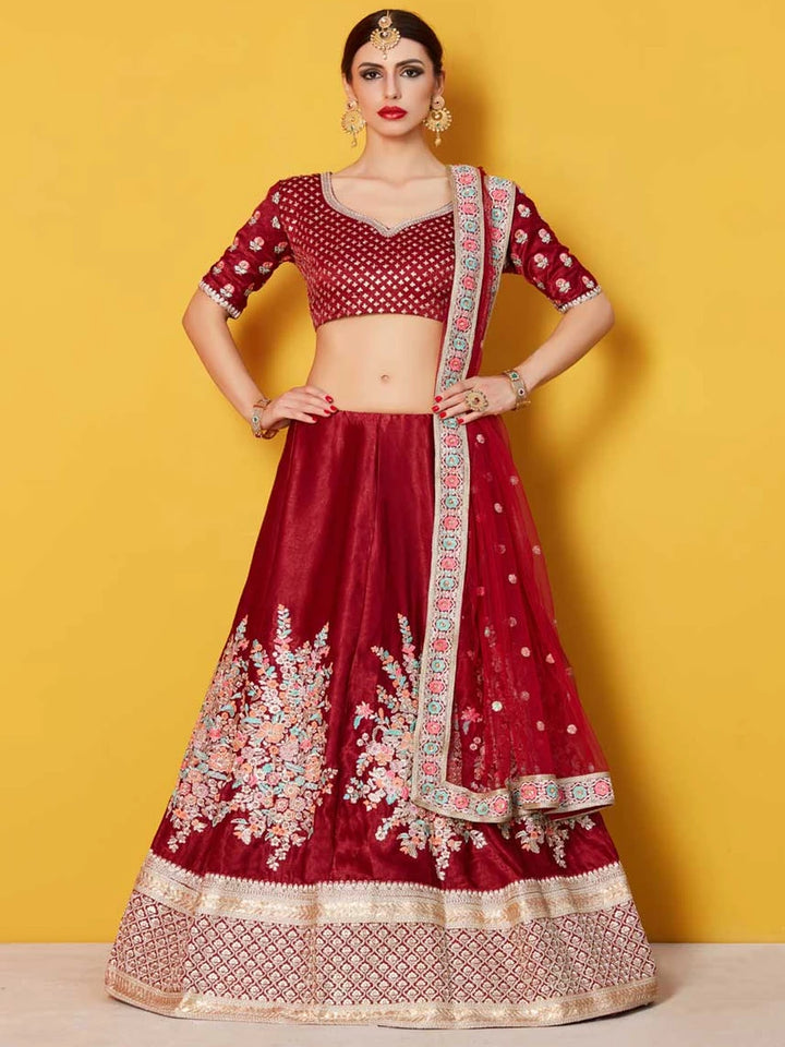 Ethnic Fashion Designer Maroon Lehenga | Velvet Silk Blouse Embroidery
