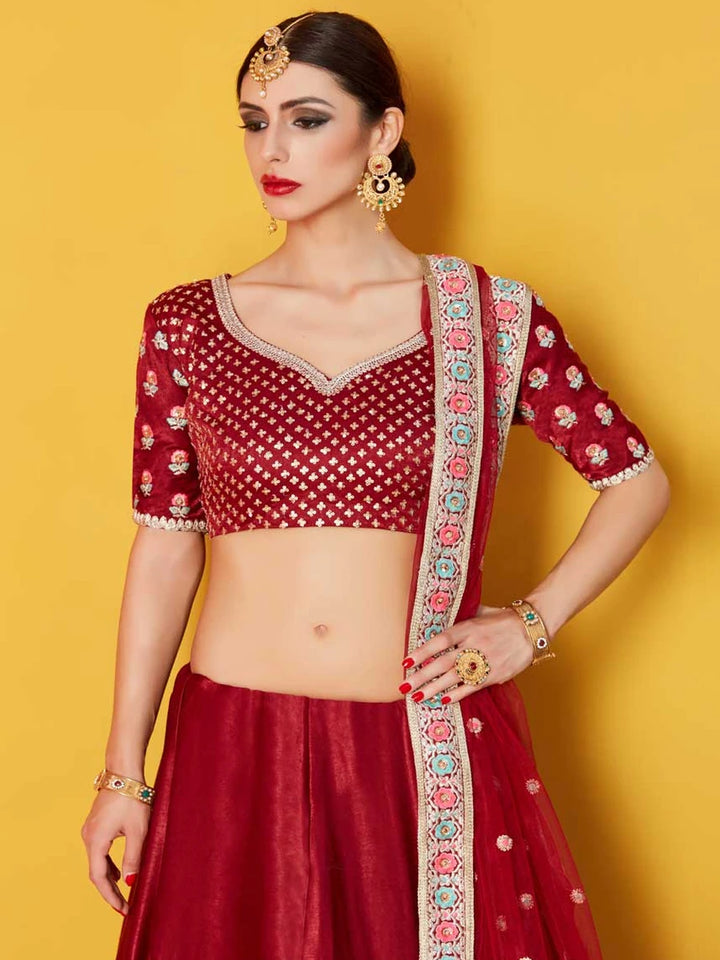 Ethnic Fashion Designer Maroon Lehenga | Velvet Silk Blouse Embroidery