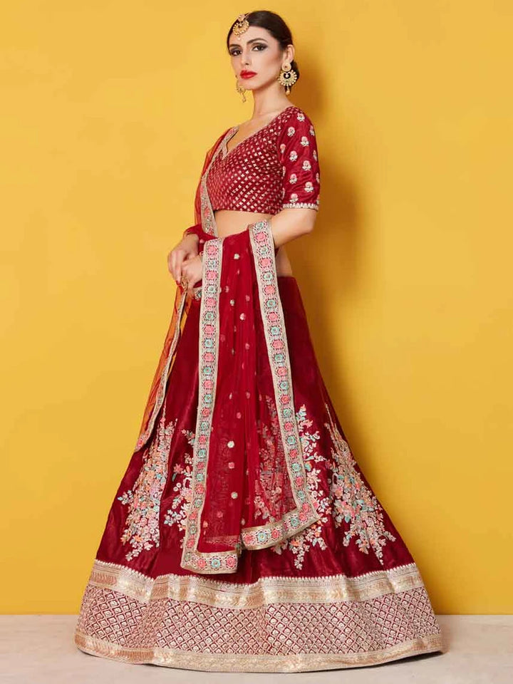 Ethnic Fashion Designer Maroon Lehenga | Velvet Silk Blouse Embroidery