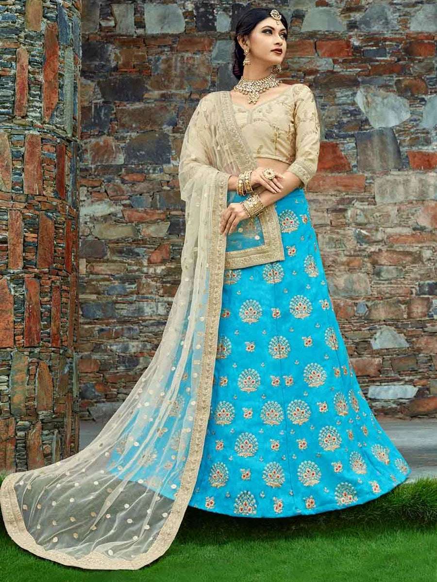Glamorous Look Embroidered Sky Blue Lehenga | Art Silk Blouse Soft Net Dupatta Wedding