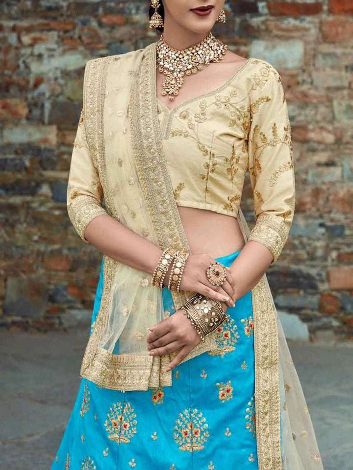 Glamorous Look Embroidered Sky Blue Lehenga | Art Silk Blouse Soft Net Dupatta Wedding