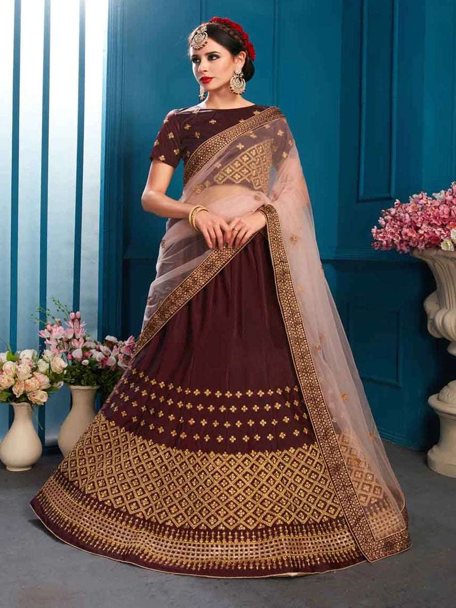 Brown Satin Embroidered Lehenga Set | with Soft Net Dupatta For Wedding