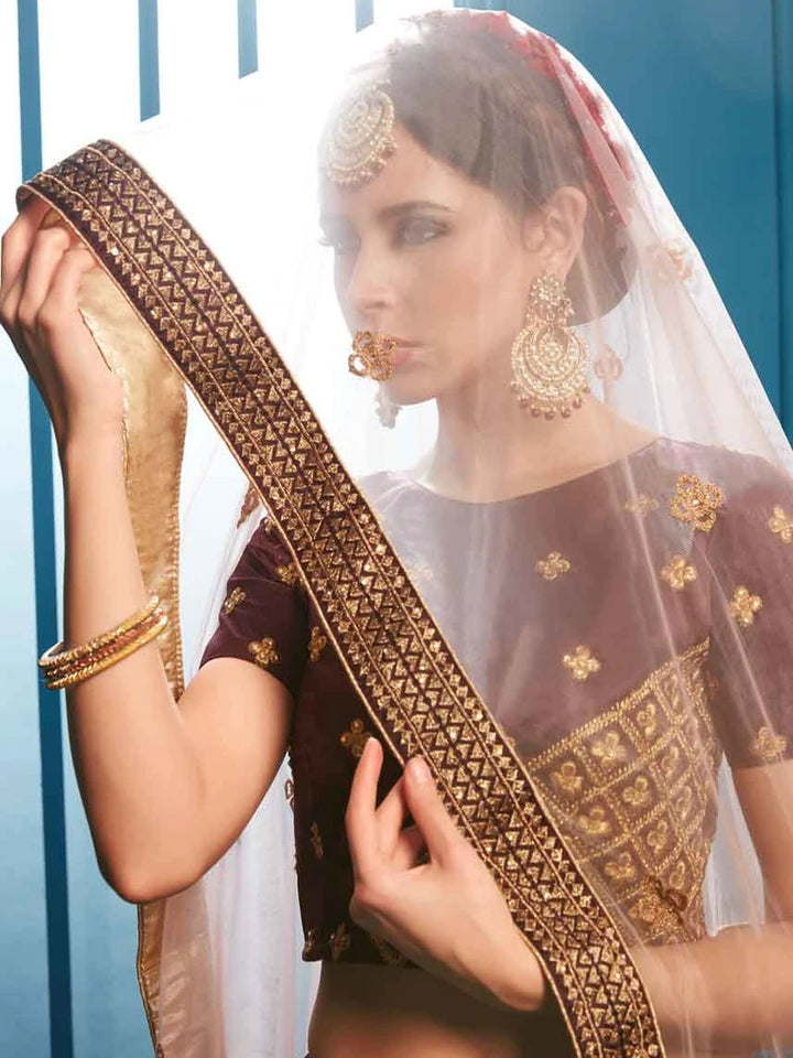 Brown Satin Embroidered Lehenga Set | with Soft Net Dupatta For Wedding