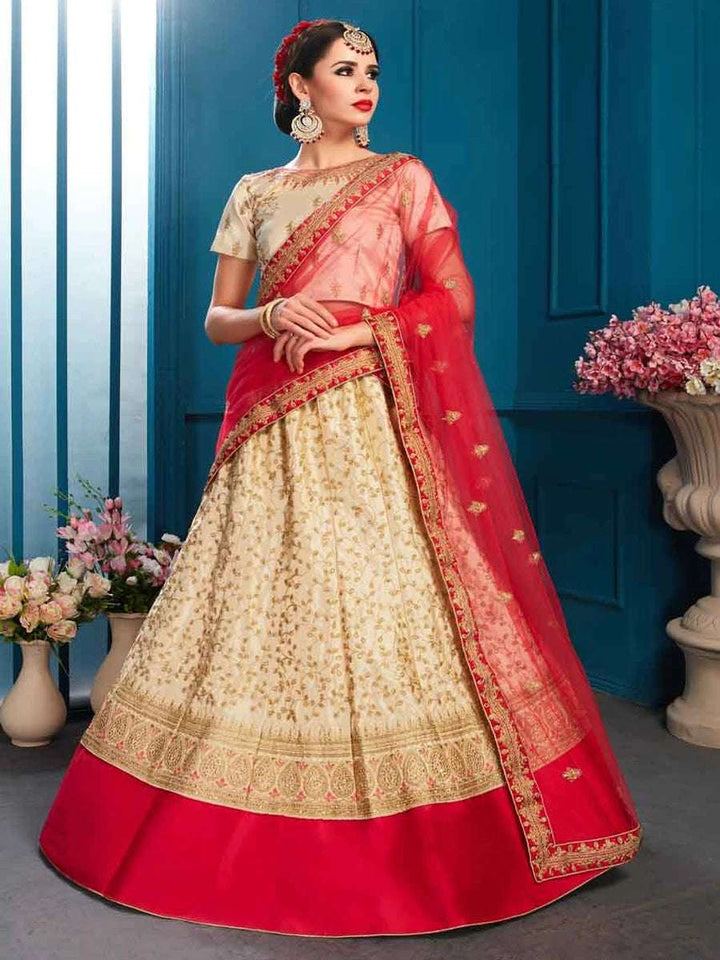 Beige Satin Lehenga Set | Embroidered with Dupatta for Weddings