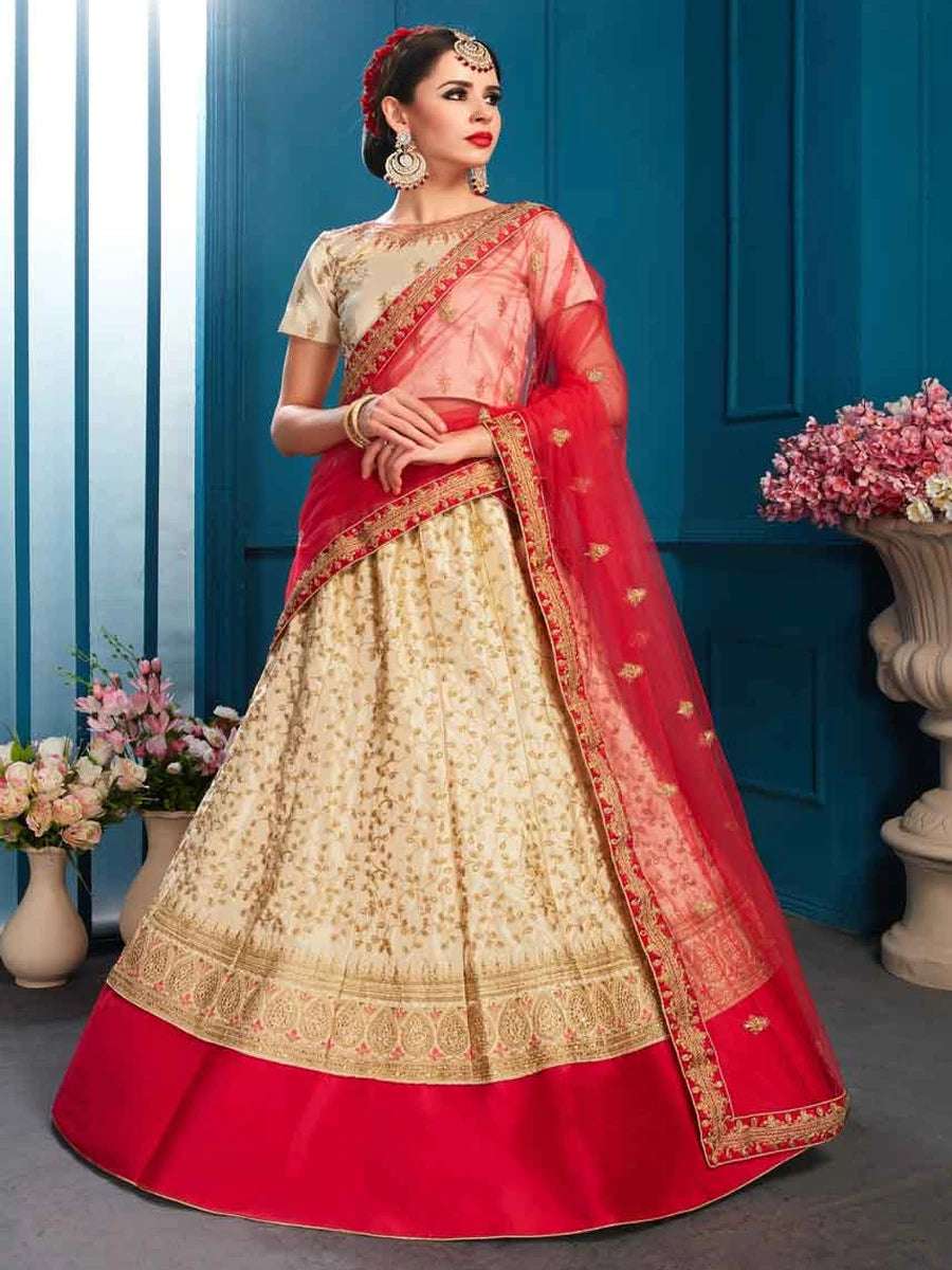 Beige Satin Lehenga Set | Embroidered with Dupatta for Weddings