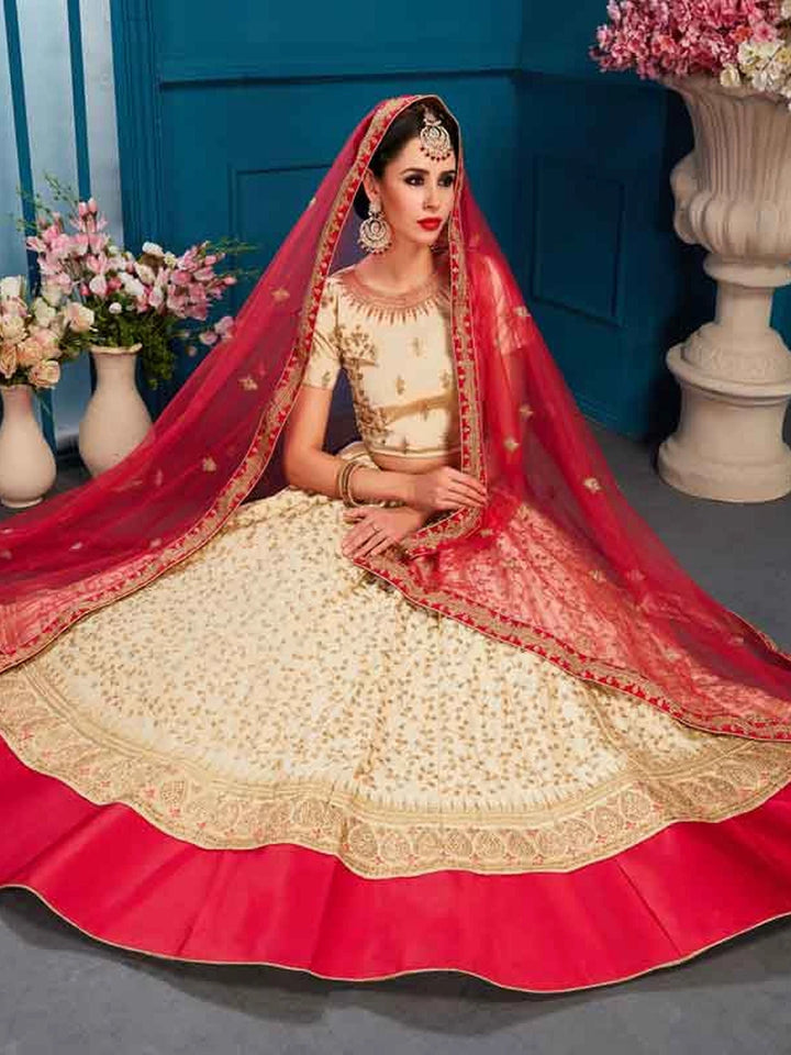 Beige Satin Lehenga Set | Embroidered with Dupatta for Weddings