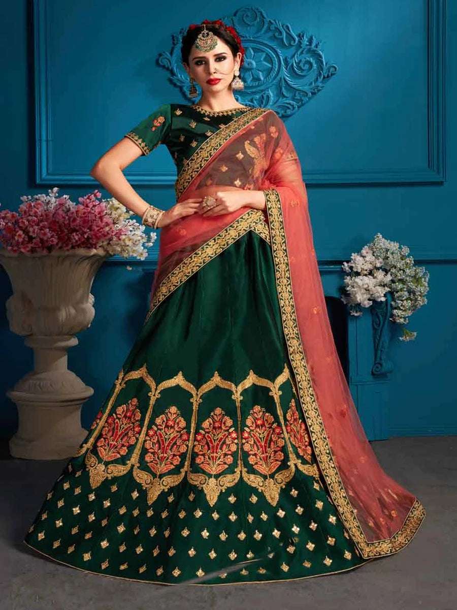 Green Satin Embroidered Lehenga Set | With Soft Net Dupatta for Weddings