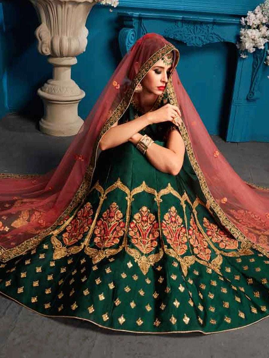 Green Satin Embroidered Lehenga Set | With Soft Net Dupatta for Weddings