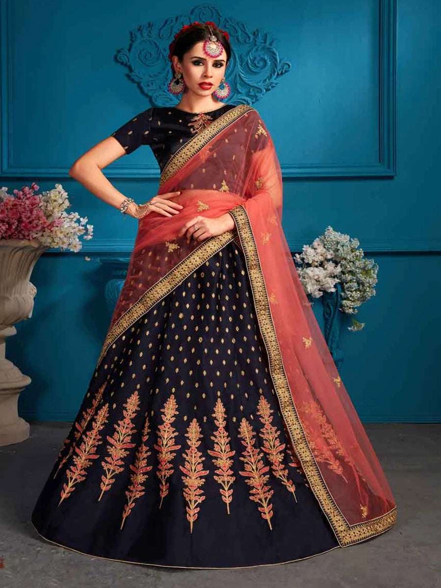 Navy Blue Satin Lehenga Choli | Embroidered with Dupatta for Wedding