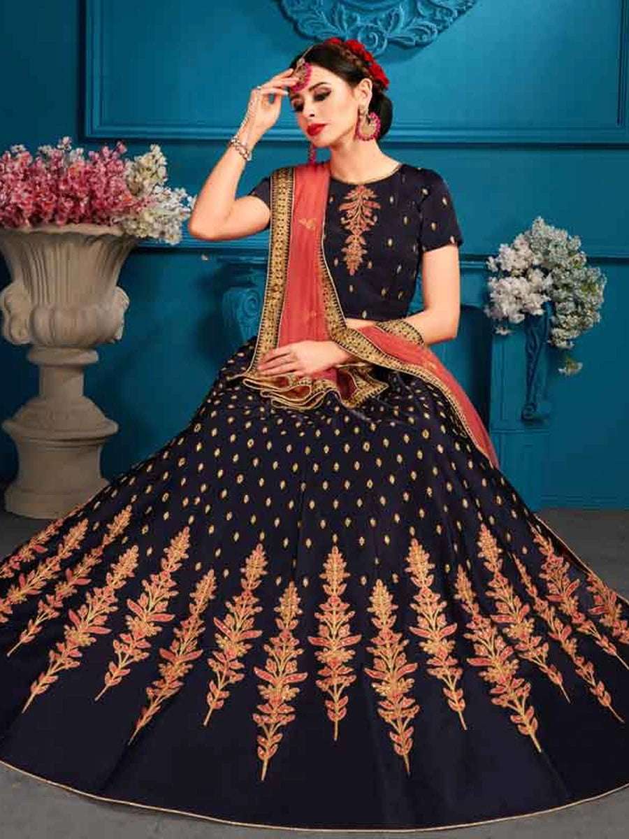 Navy Blue Satin Lehenga Choli | Embroidered with Dupatta for Wedding