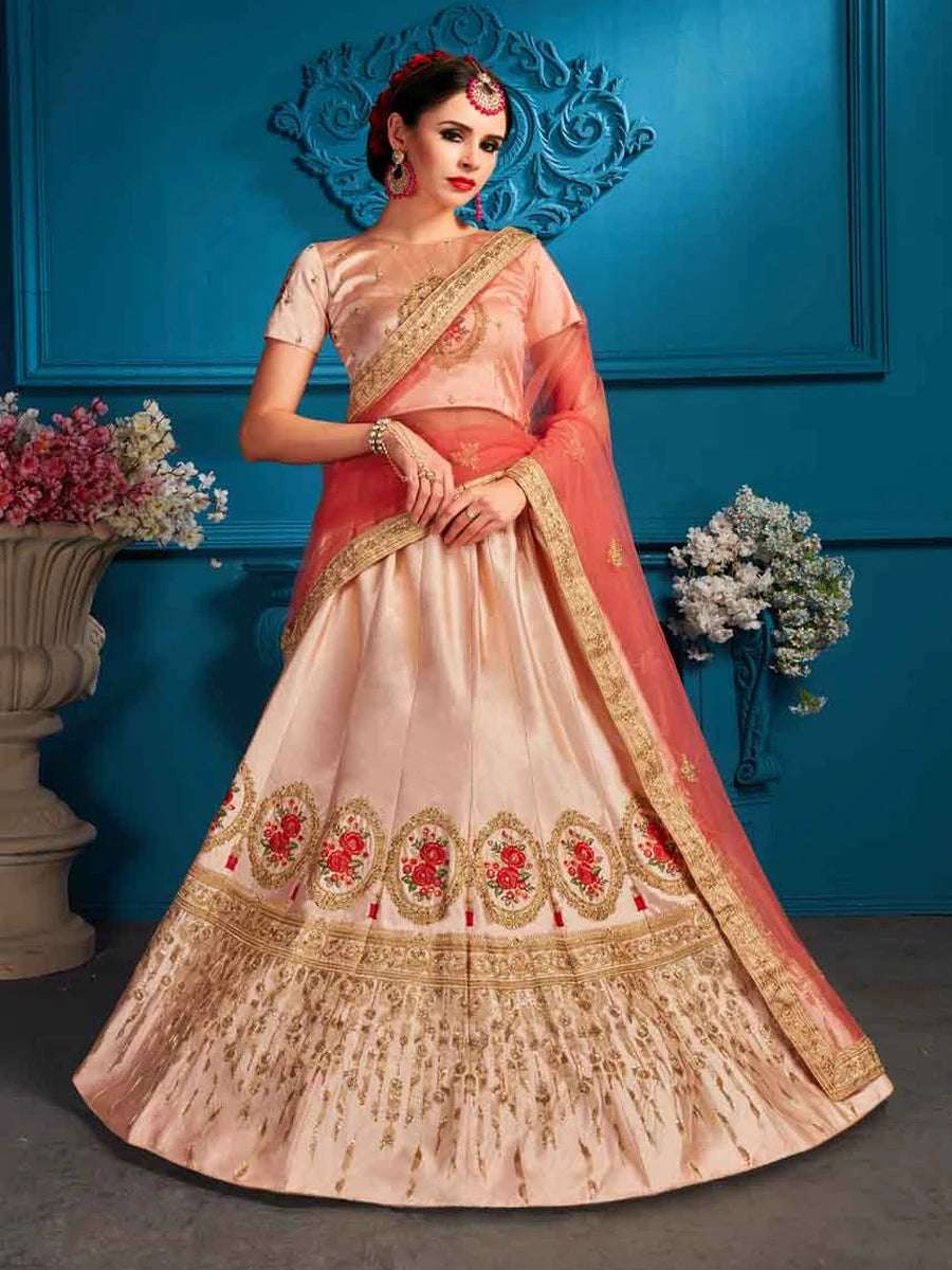 Peach Satin Lehenga Set | Embroidered with Soft Net Dupatta for Weddings