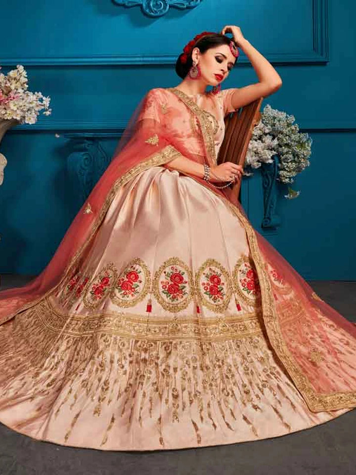 Peach Satin Lehenga Set | Embroidered with Soft Net Dupatta for Weddings