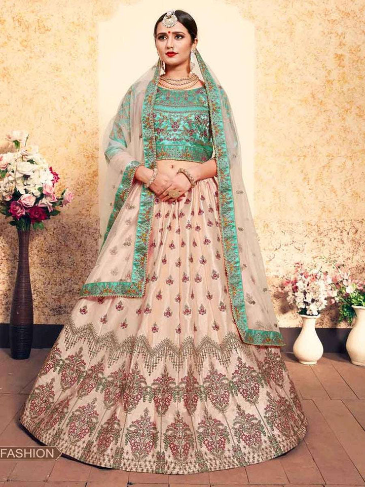 Gorgeous Peach Satin Lehenga | Zari, Resham & Stone Work Dupatta