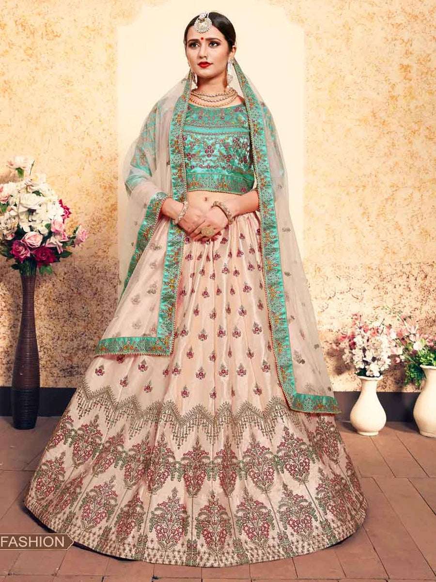 Gorgeous Peach Satin Lehenga | Zari, Resham & Stone Work Dupatta