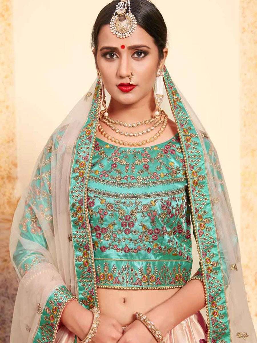 Gorgeous Peach Satin Lehenga | Zari, Resham & Stone Work Dupatta