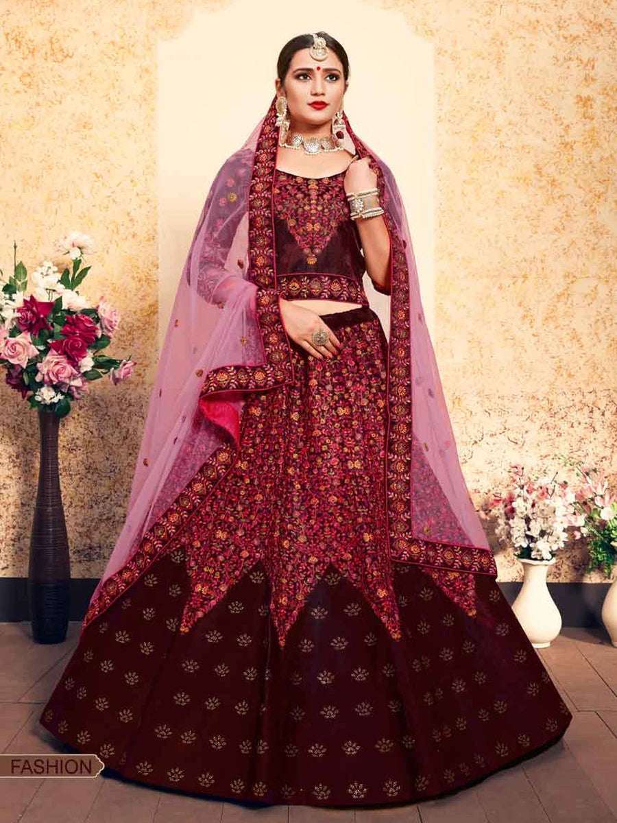 Luxe Satin Lehenga | Exquisite Thread Embroidery & Soft Net Dupatta