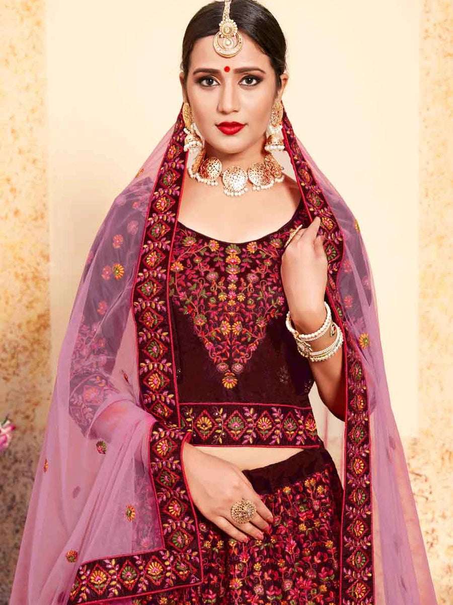 Luxe Satin Lehenga | Exquisite Thread Embroidery & Soft Net Dupatta
