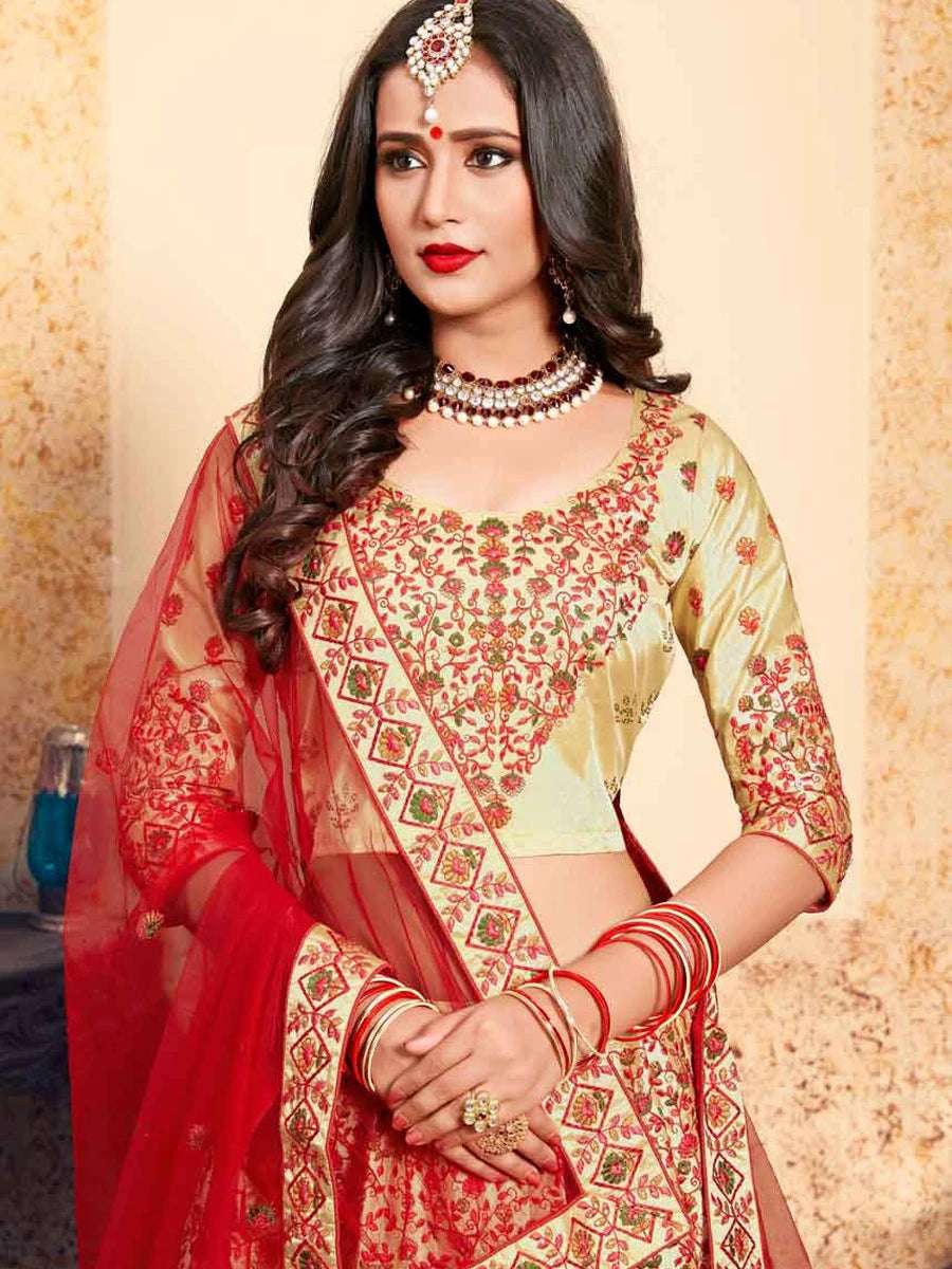 Luxe Satin Lehenga | Exquisite Thread Embroidery & Soft Net Dupatta