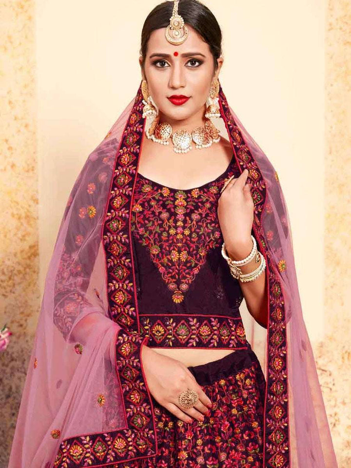 Luxe Satin Lehenga | Exquisite Thread Embroidery & Soft Net Dupatta