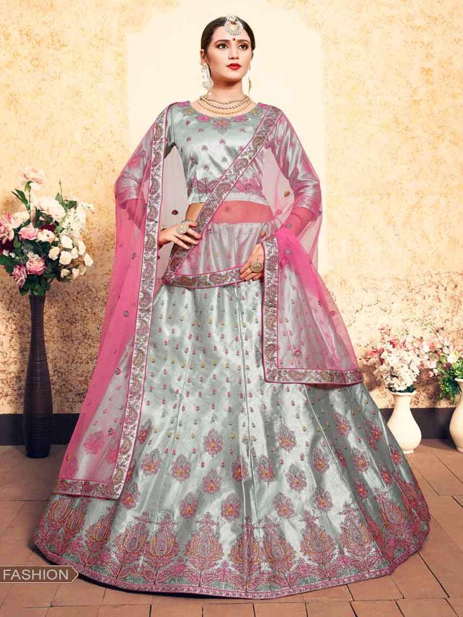 Stunning Light Gray Satin Lehenga | Soft Net Dupatta & Thread Embroidery