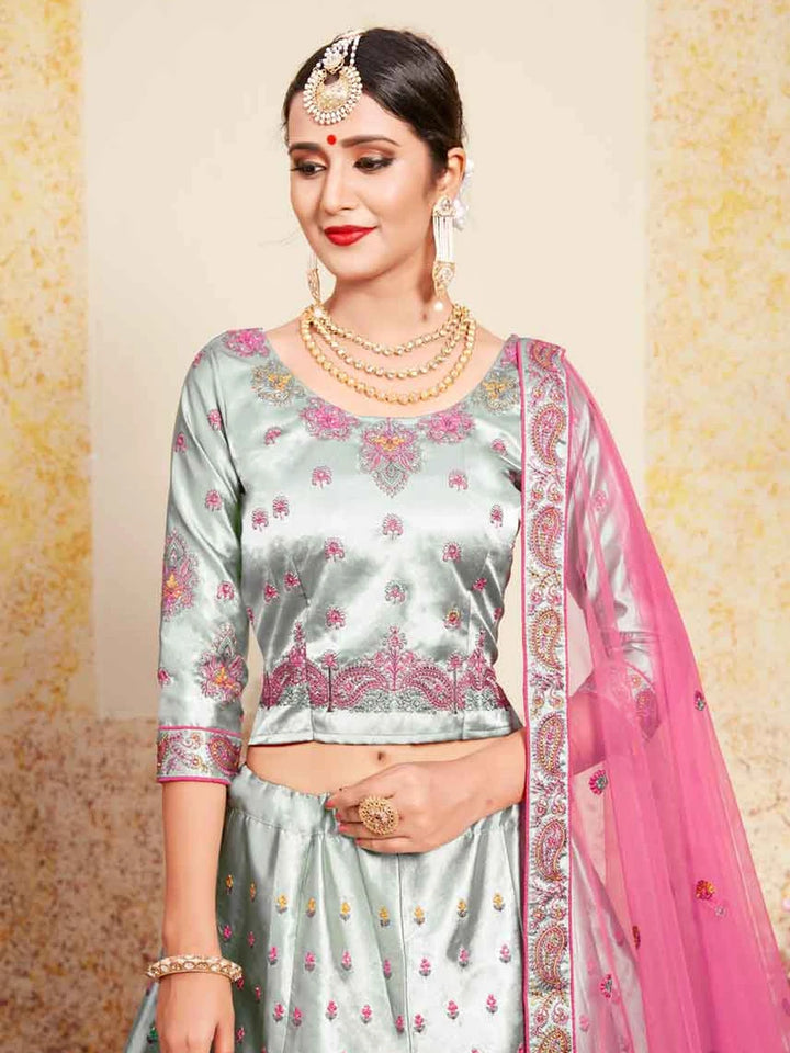 Stunning Light Gray Satin Lehenga | Soft Net Dupatta & Thread Embroidery