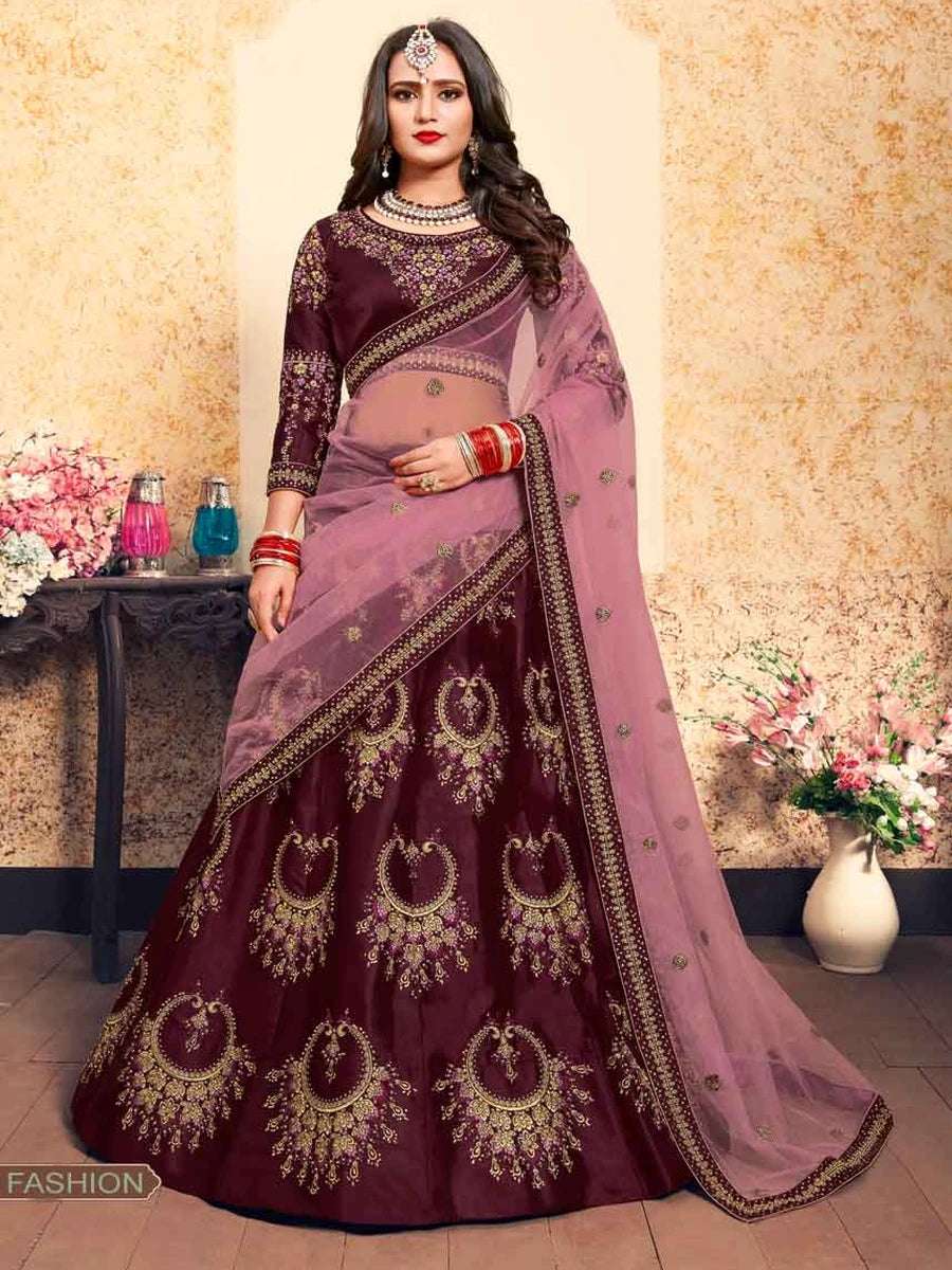 Luxurious  Wedding Special Wine Lehenga | Satin & Soft Net with Designer Work