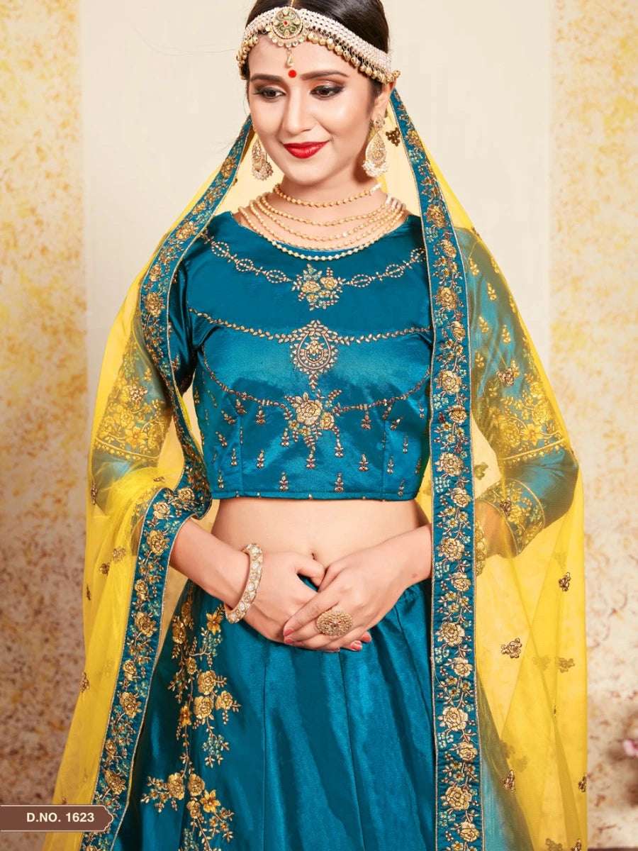 Designer Satin Lehenga | Pearl Embellished Blouse & Net Dupatta Ensemble