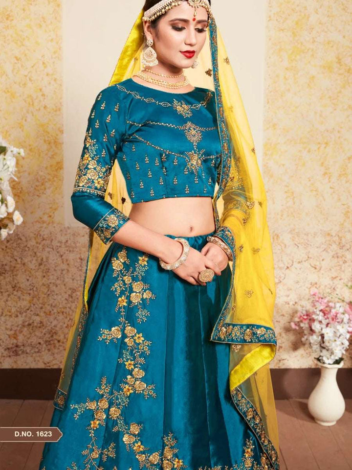 Designer Satin Lehenga | Pearl Embellished Blouse & Net Dupatta Ensemble