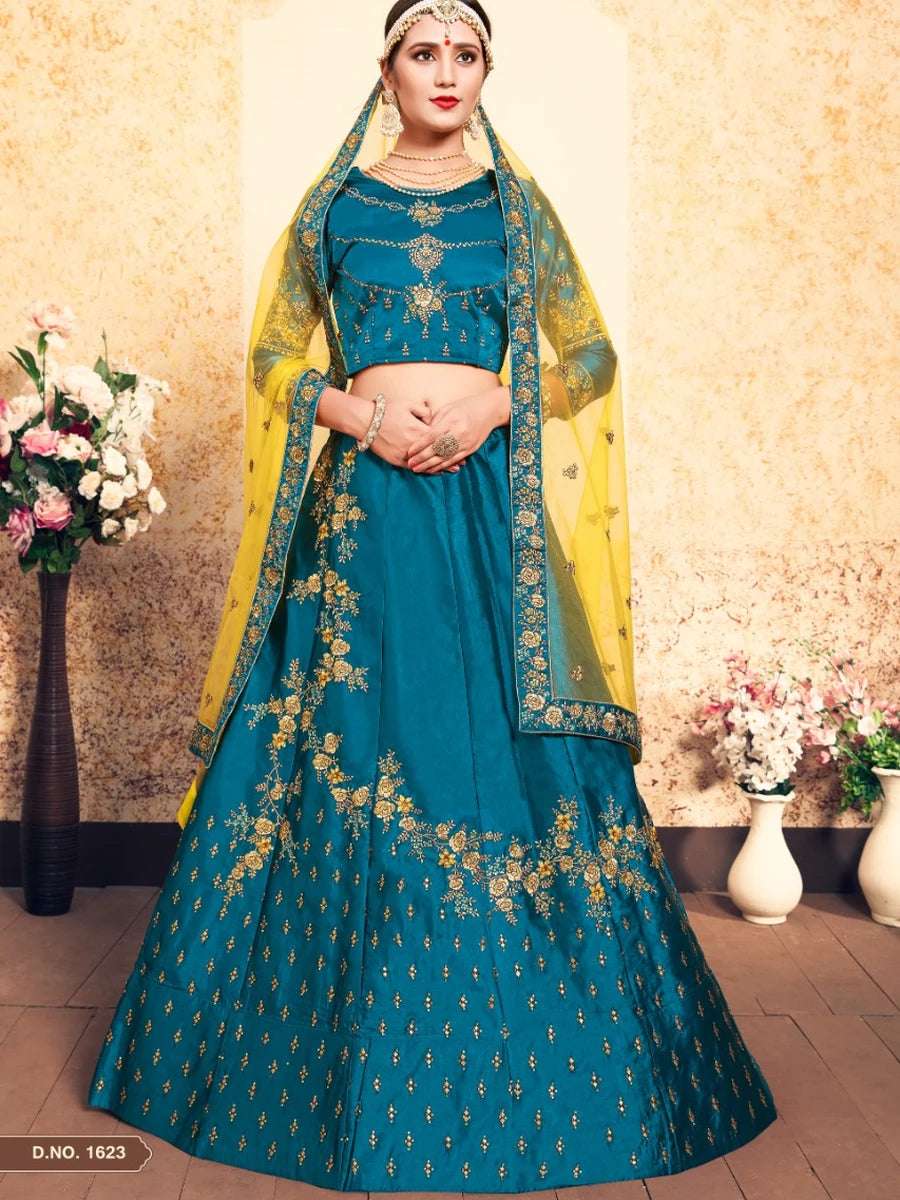 Designer Satin Lehenga | Pearl Embellished Blouse & Net Dupatta Ensemble