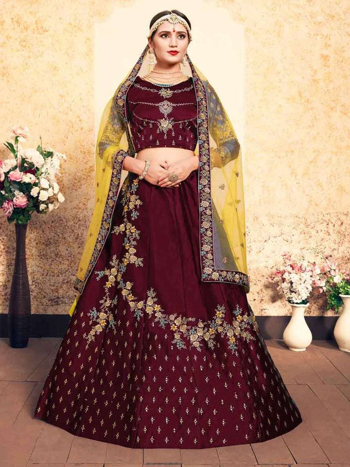 Designer Satin Lehenga | Pearl Embellished Blouse & Net Dupatta Ensemble