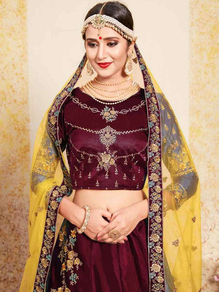 Designer Satin Lehenga | Pearl Embellished Blouse & Net Dupatta Ensemble