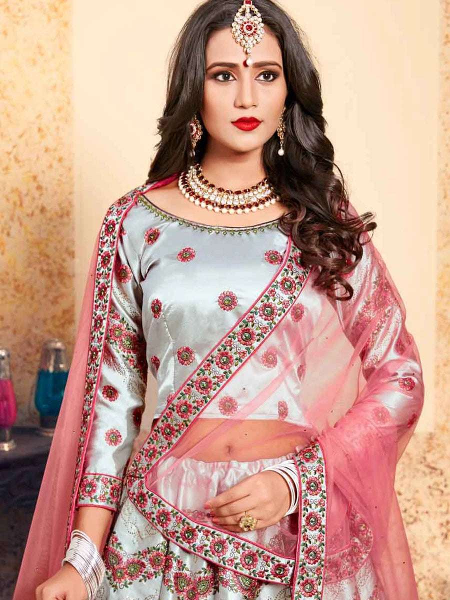 Embellished Satin Lehenga | Wedding & Festive Wear with Soft Net Dupatta