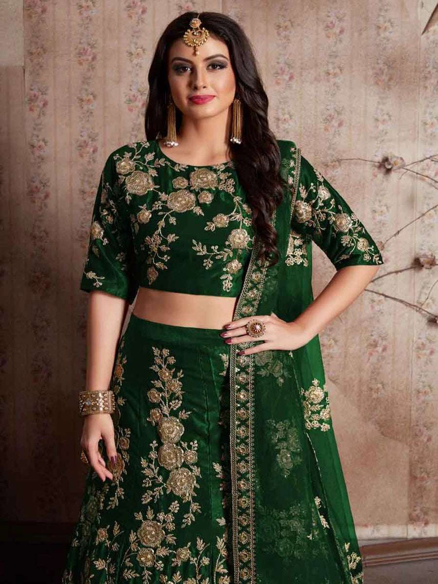 Green Velvet Lehenga Set | Heavy Embroidered with Soft Net Dupatta