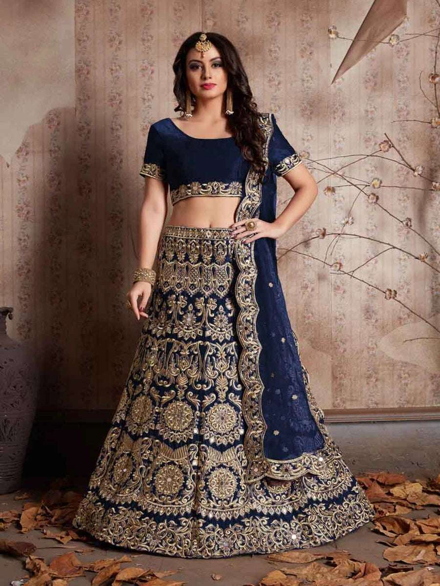 Designer Navy Blue Lehenga Set | Zari & Mirror Work for Weddings