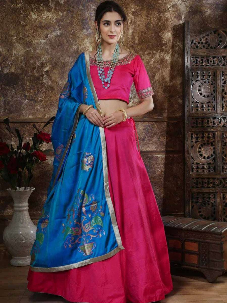 Elegant Bright Pink Lehenga | Silk Ensemble with Stunning Pearl Work