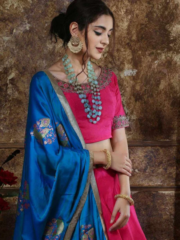 Elegant Bright Pink Lehenga | Silk Ensemble with Stunning Pearl Work
