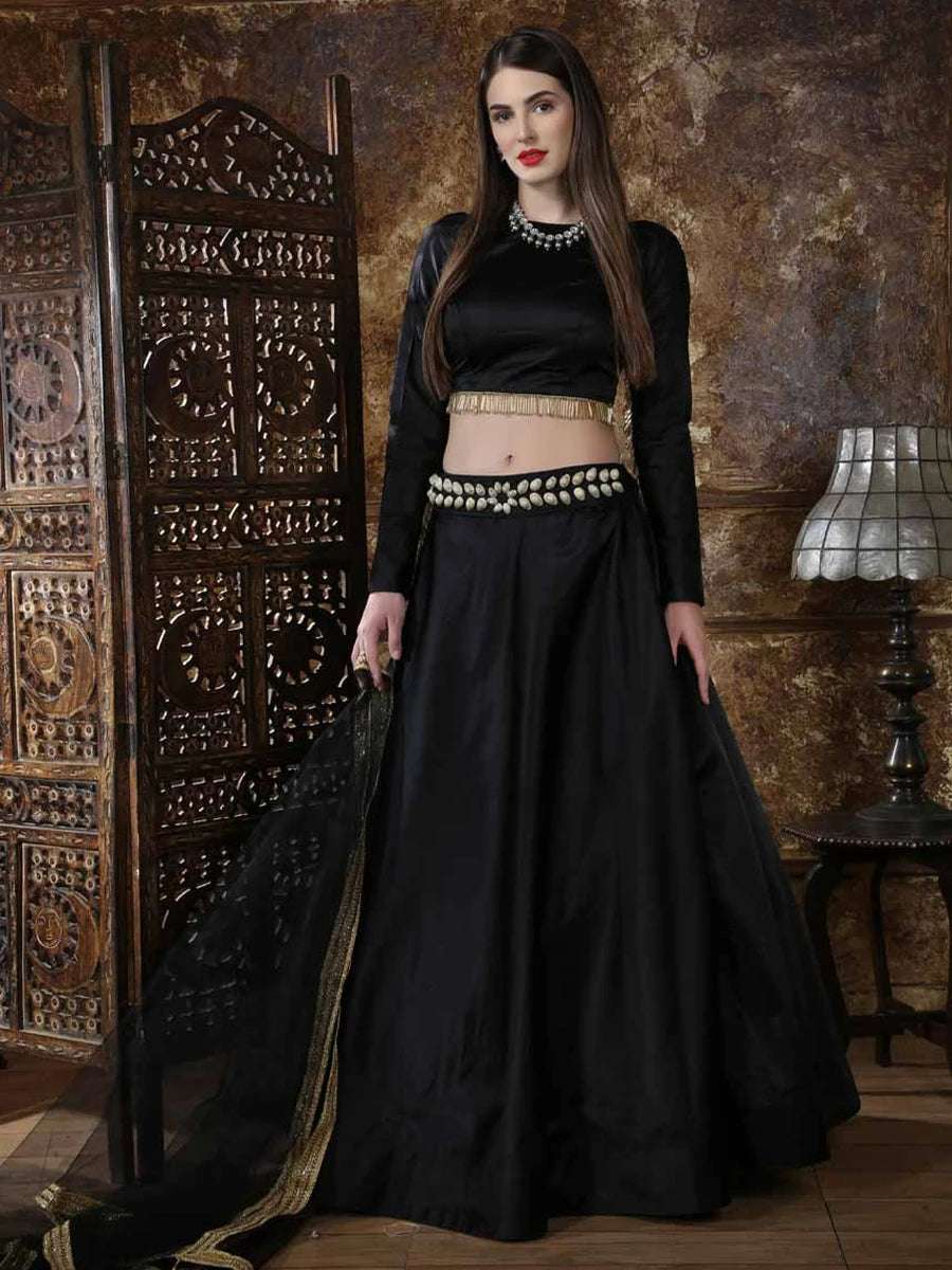 Classic Black Satin Lehenga | Trendy Blouse & Net Dupatta with Lace