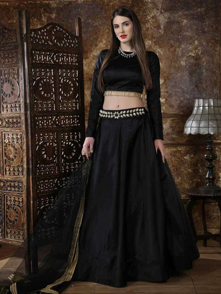 Classic Black Satin Lehenga | Trendy Blouse & Net Dupatta with Lace