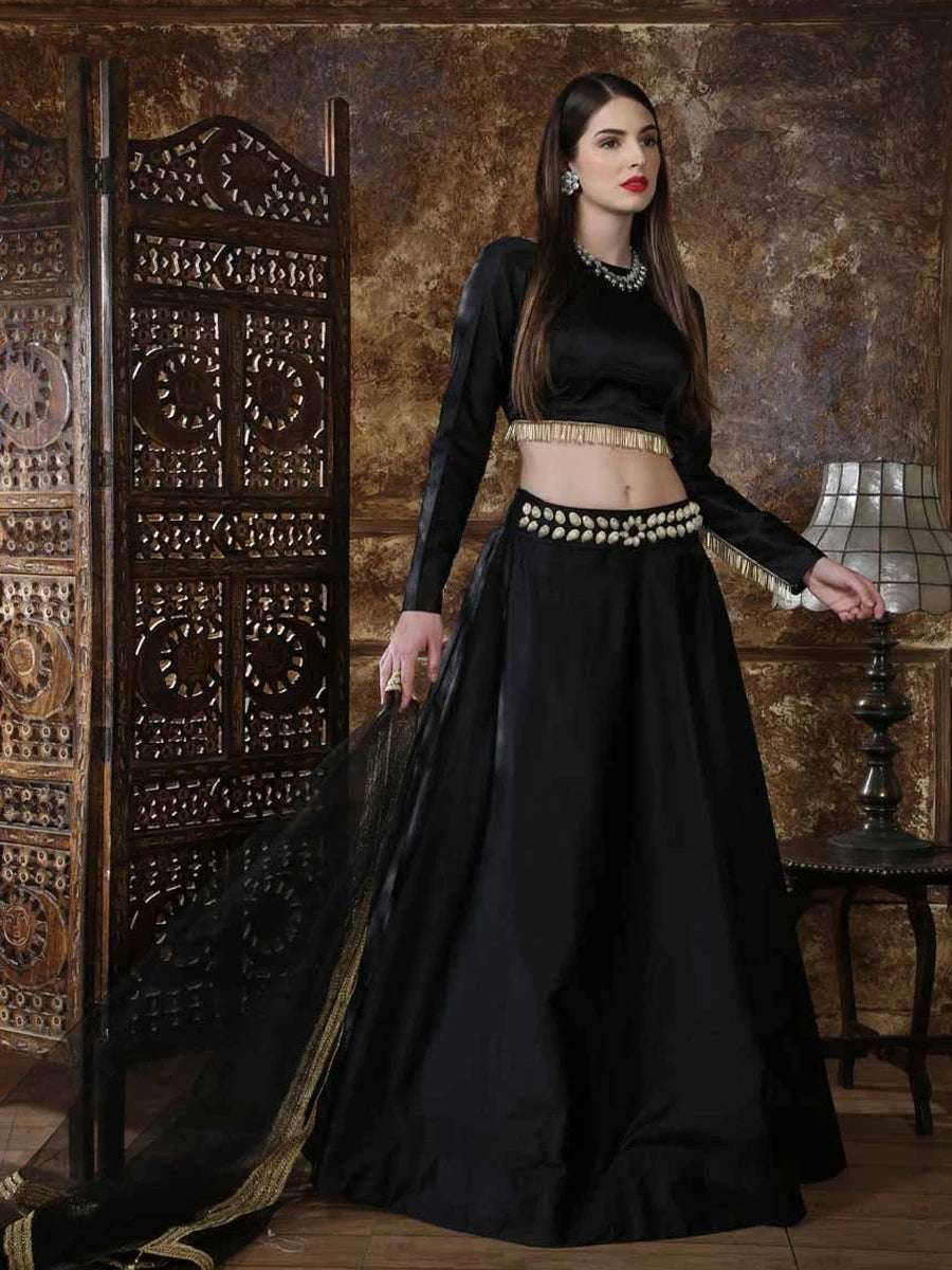 Classic Black Satin Lehenga | Trendy Blouse & Net Dupatta with Lace