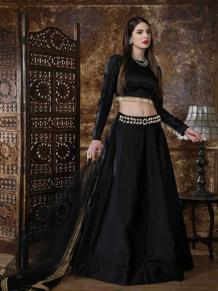 Classic Black Satin Lehenga | Trendy Blouse & Net Dupatta with Lace