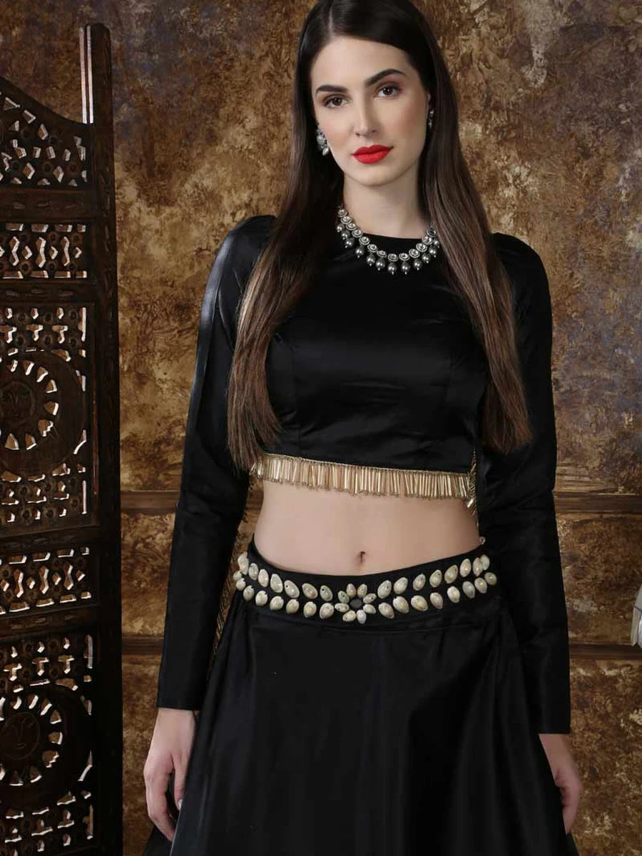 Classic Black Satin Lehenga | Trendy Blouse & Net Dupatta with Lace