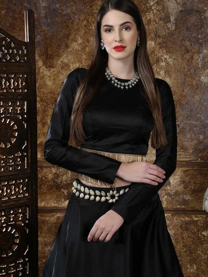 Classic Black Satin Lehenga | Trendy Blouse & Net Dupatta with Lace