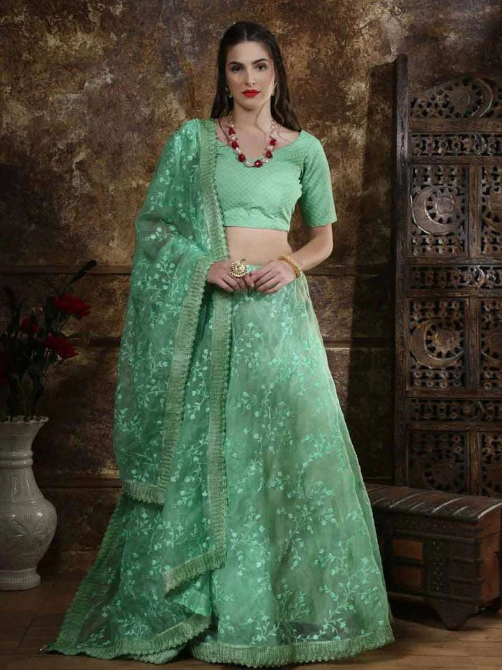 Stylish Mint Green Lehenga | Organza Fabric Silk Blouse & Dupatta