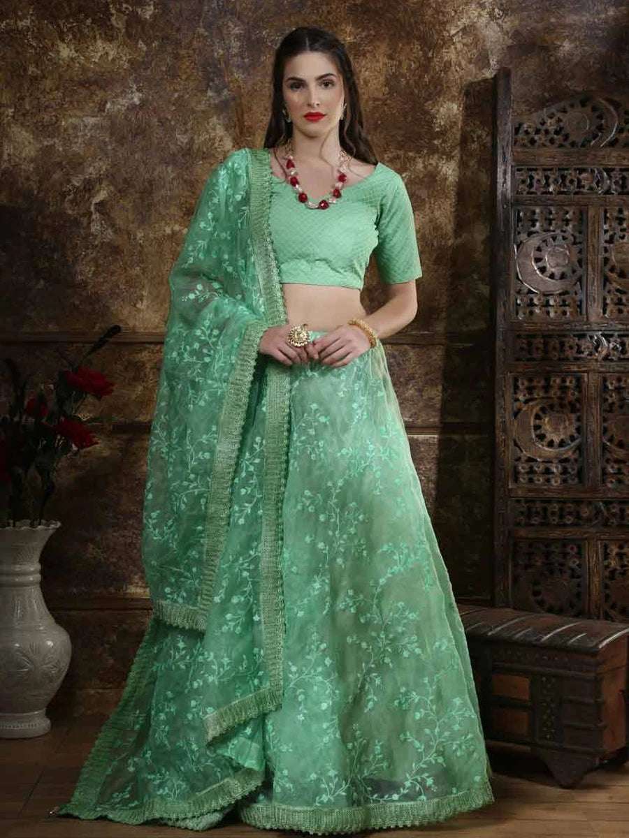 Stylish Mint Green Lehenga | Organza Fabric Silk Blouse & Dupatta