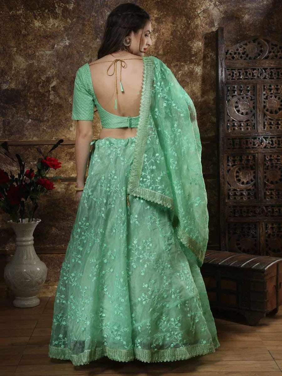 Stylish Mint Green Lehenga | Organza Fabric Silk Blouse & Dupatta