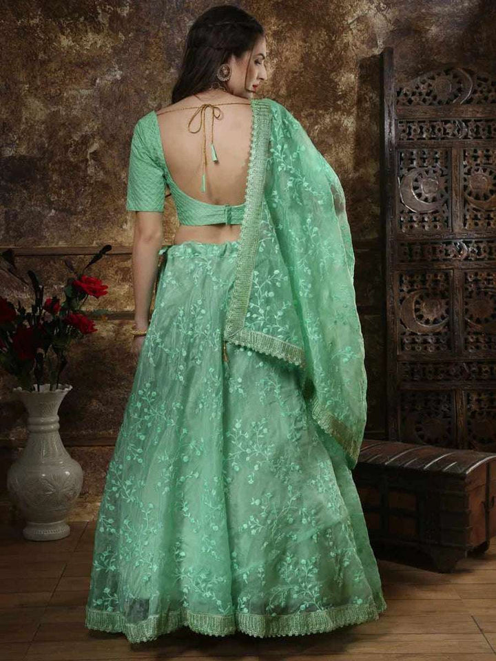 Stylish Mint Green Lehenga | Organza Fabric Silk Blouse & Dupatta