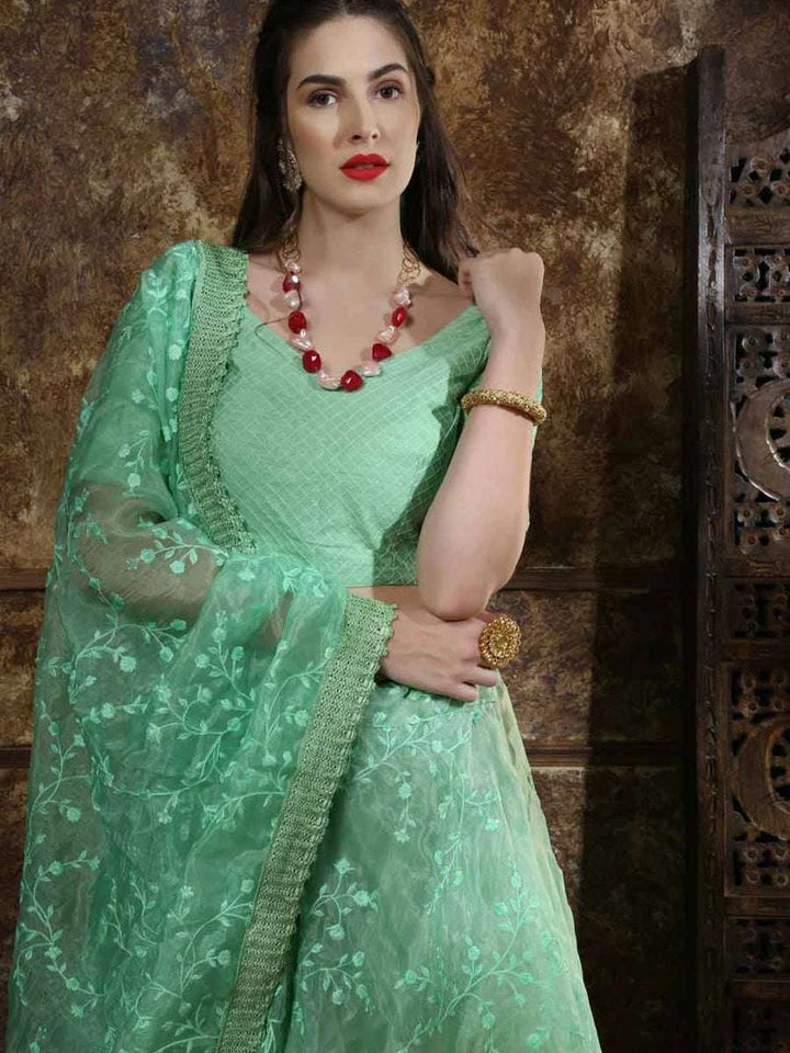 Stylish Mint Green Lehenga | Organza Fabric Silk Blouse & Dupatta