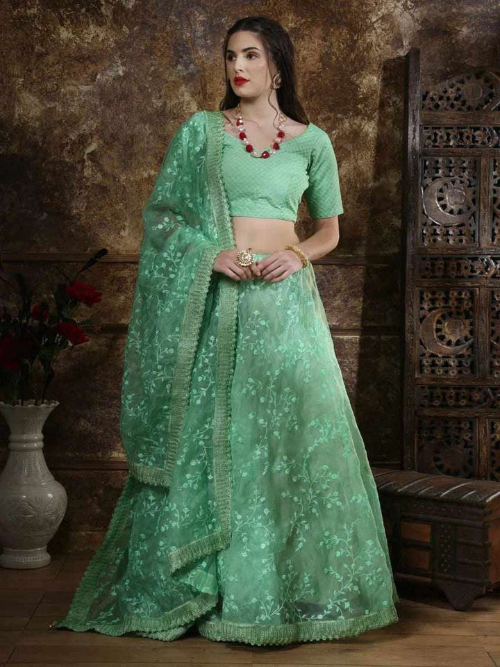 Stylish Mint Green Lehenga | Organza Fabric Silk Blouse & Dupatta