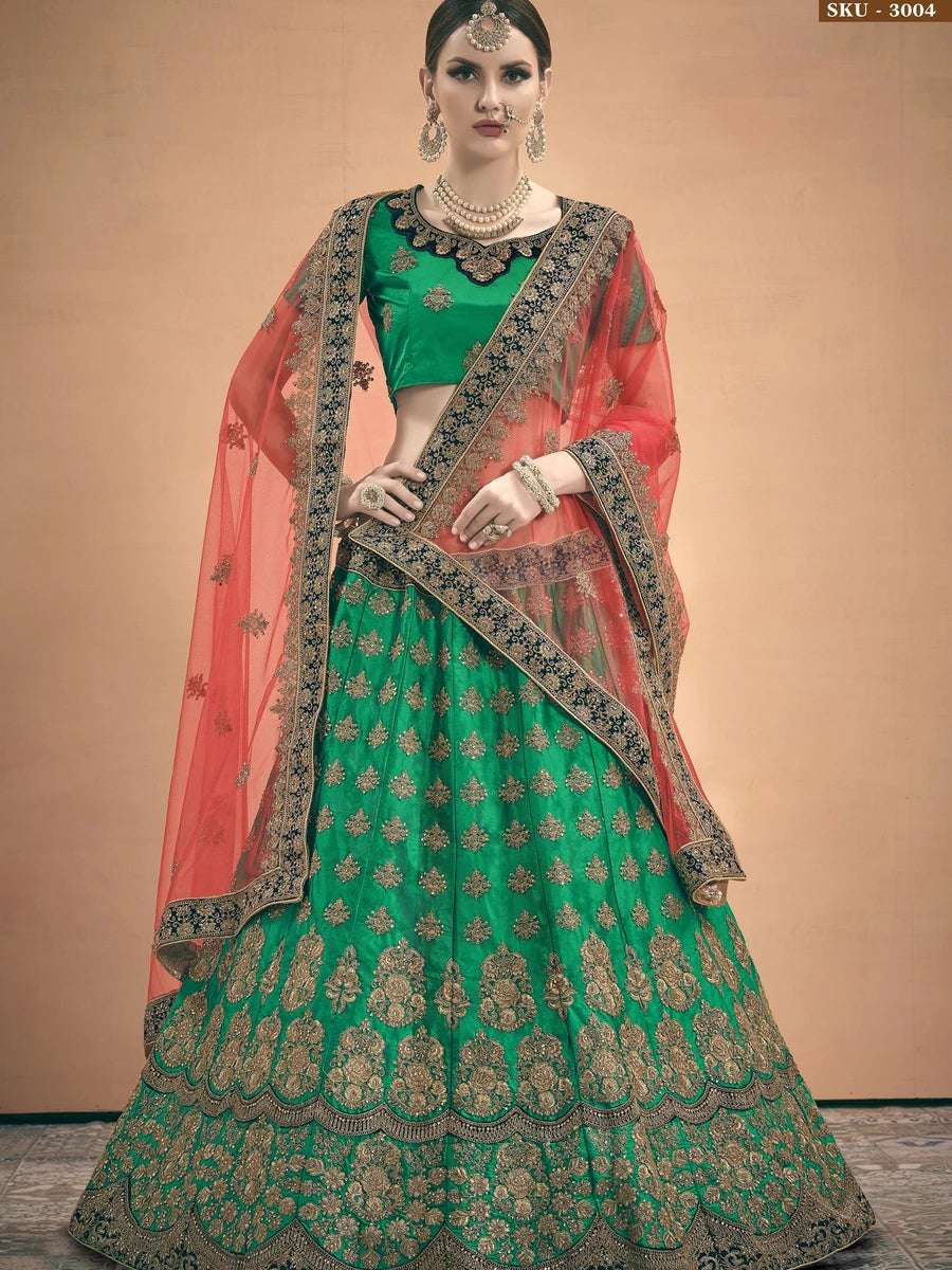 Green Satin Lehenga Choli | Embroidered with Zari & Dori Work